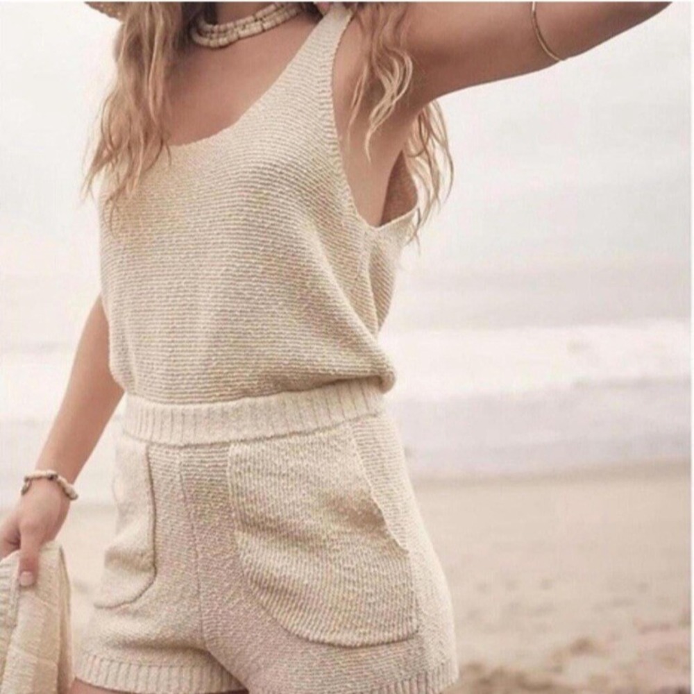 Free People Beach Declan Sweater Romper‎ Cream Sz M Knit Pockets 100% Cotton
